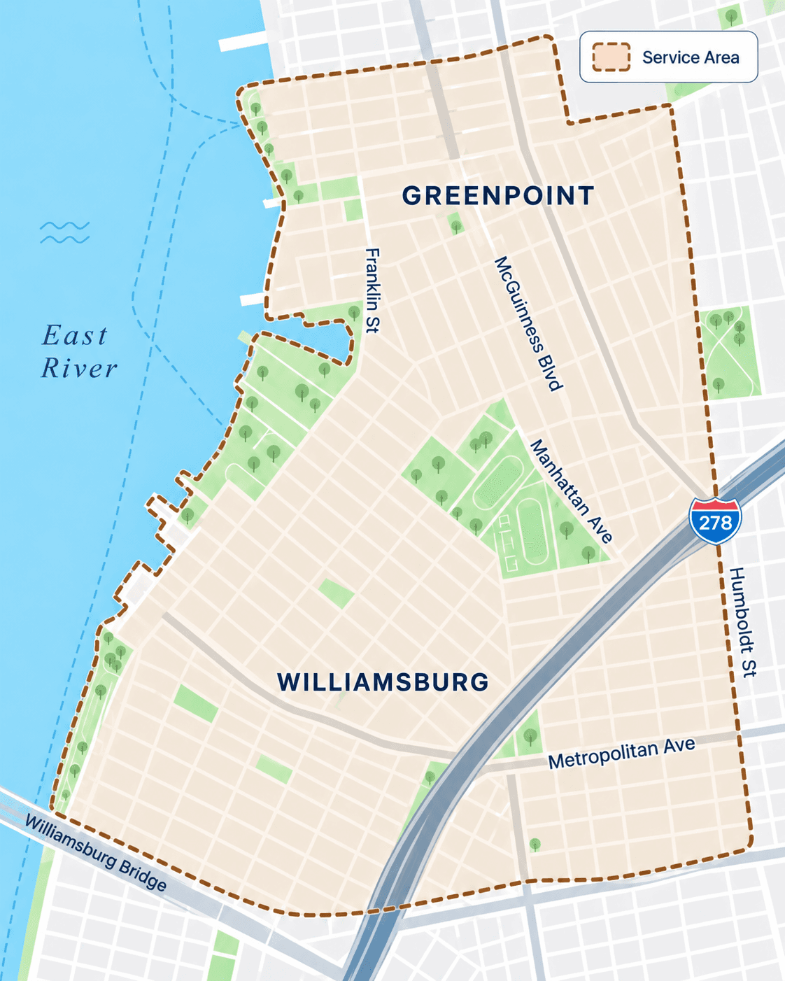 Map showing the berry st. housekeeping service area across Williamsburg and Greenpoint